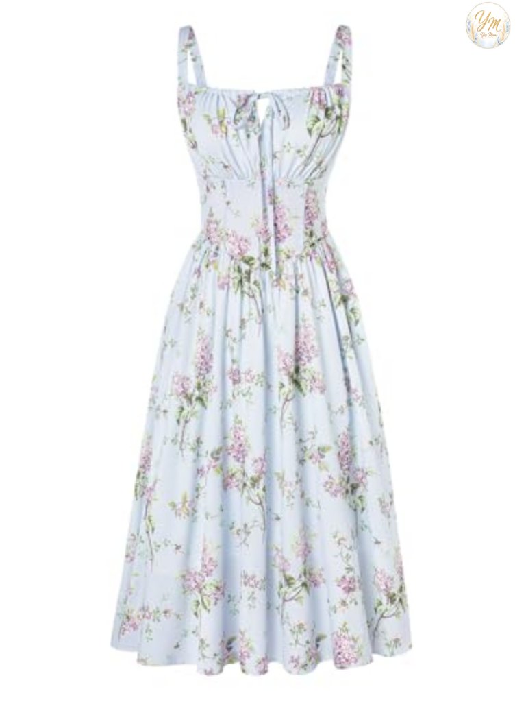 Women's Floral Corset Midi Dress With Pockets, Adjustable Straps, A-Line
